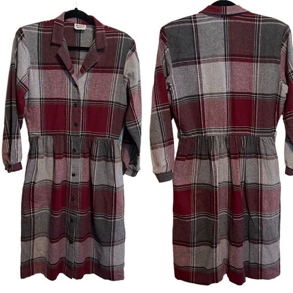 Murray Meisner- Rare Vintage Plaid Wool Made USA Prairie CottageCore Dress, L - Picture 1 of 12